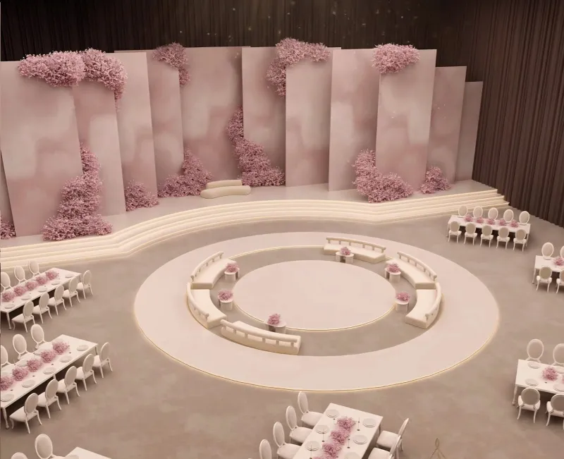 3D design of a hall with a round stage and a flowering blush wall