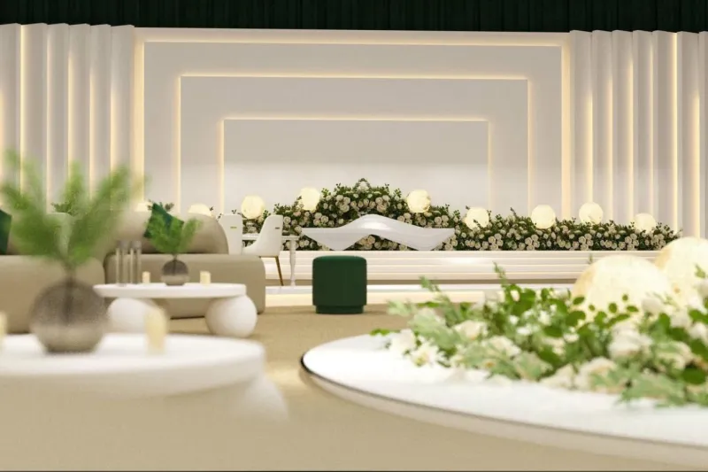 تصميم 3D لخلفية بيضاء بإطارات مضيئة ونباتات خضراء