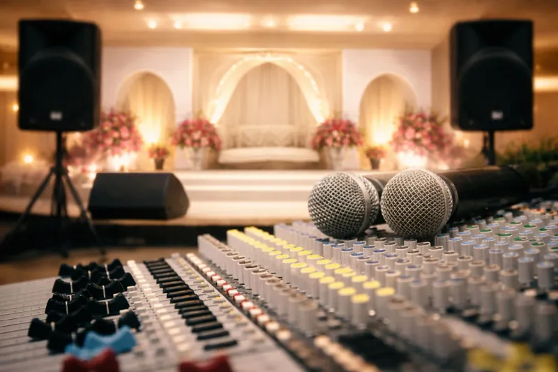 A sound mixer and microphones in front of a lit arched kosha